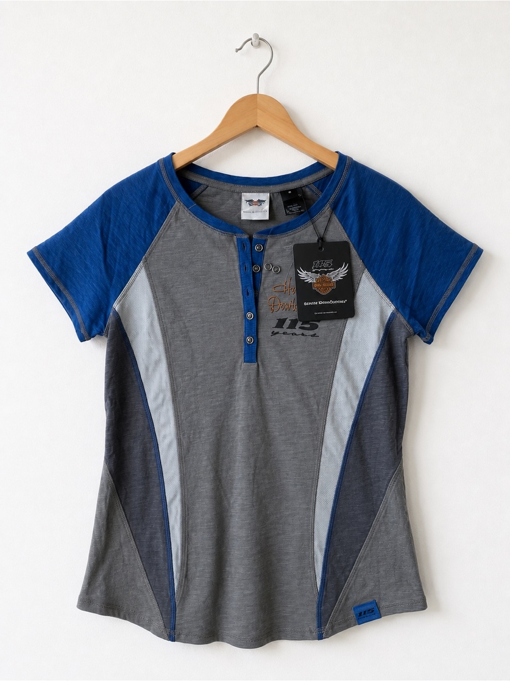 Harley-Davidson Women's Short-Sleeve Henley in Gray & Blue